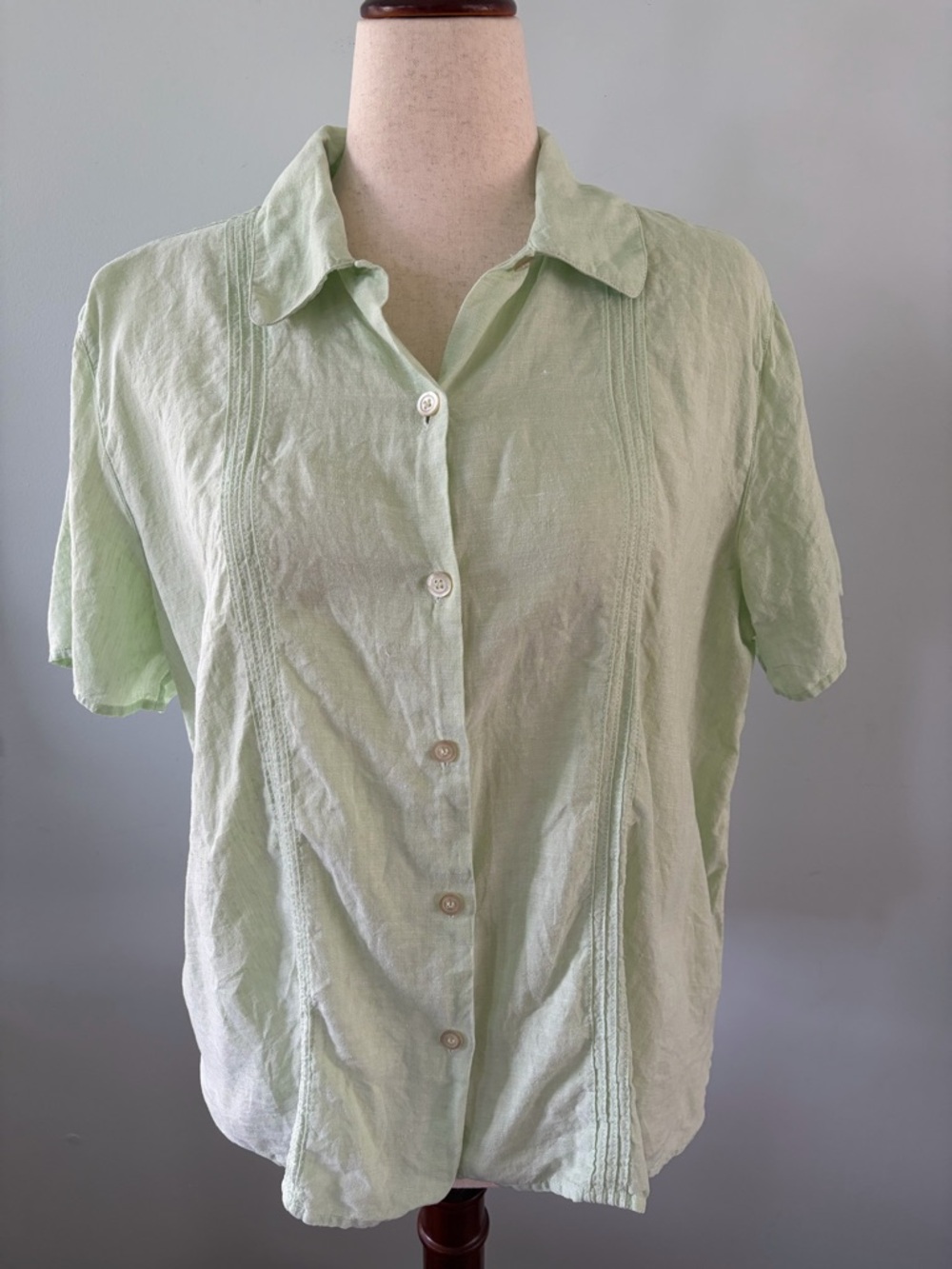 Vintage Linen Crazy Horse Pistachio Matcha Green Short Sleeve Button Front